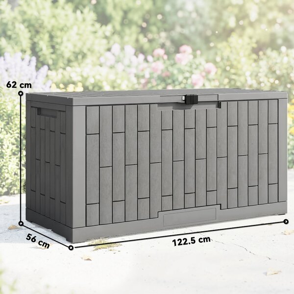 Outsunny Cassapanca 379 L impermeabile richiudibile resistente ai raggi UV effetto legno per giardino 122,5x56x62cm Grigio | Aosom Italy