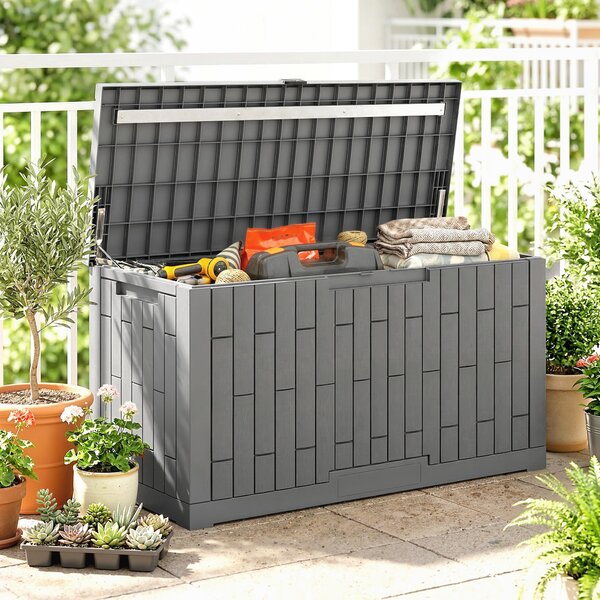 Outsunny Cassapanca 379 L impermeabile richiudibile resistente ai raggi UV effetto legno per giardino 122,5x56x62cm Grigio | Aosom Italy