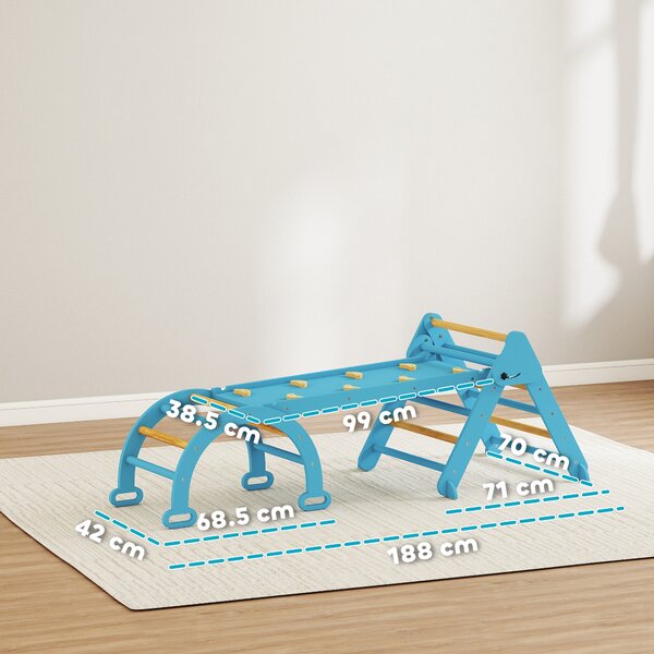 AIYAPLAY 7 in 1 Triangolo da Arrampicata Montessori in Legno Pieghevole con Arco e Rampa per Bambini 18-48 Meses 188x70 cm Azul | Aosom Italy