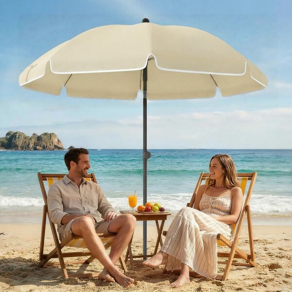 Outsunny Ombrellone da spiaggia Ø150 cm idrorepellente pieghevole con ancoraggio per sabbia inclinazione regolabile borsa da trasporto Beige | Aosom Italy
