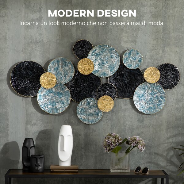 HOMCOM Decorazione Murale in Metallo 3D, Wall Art a Cerchi 133x66cm, Blu, Nero e Oro|Aosom