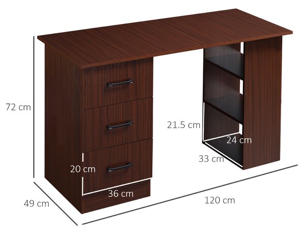 HOMCOM Scrivania Ufficio con 3 Cassetti e 3 Ripiani in Legno, 120x49x72cm, Noce|Aosom