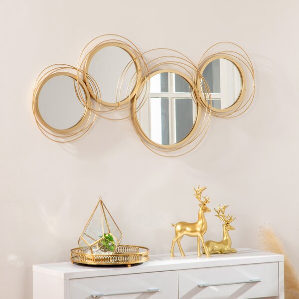 HOMCOM Decorazione Murale 3D in Metallo, Wall Art a Cerchi con Specchi 107x56cm, Oro|Aosom