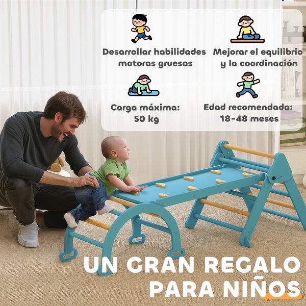 AIYAPLAY 7 in 1 Triangolo da Arrampicata Montessori in Legno Pieghevole con Arco e Rampa per Bambini 18-48 Meses 188x70 cm Azul | Aosom Italy