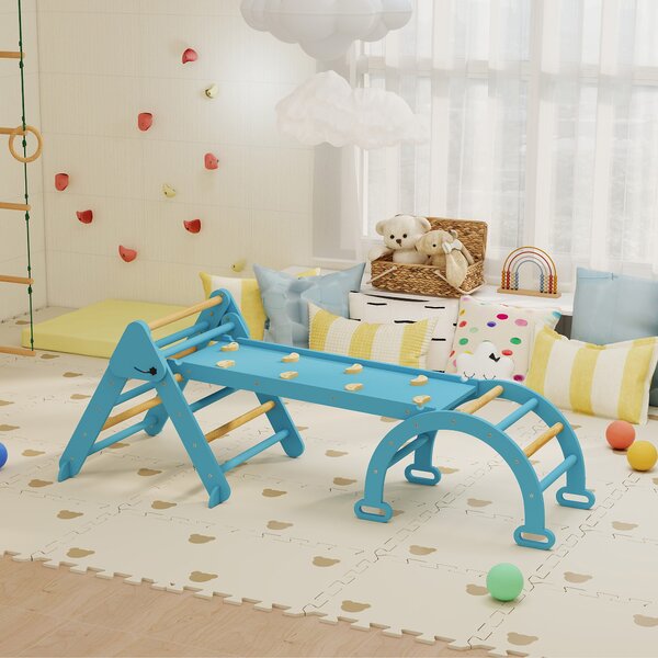 AIYAPLAY 7 in 1 Triangolo da Arrampicata Montessori in Legno Pieghevole con Arco e Rampa per Bambini 18-48 Meses 188x70 cm Azul | Aosom Italy