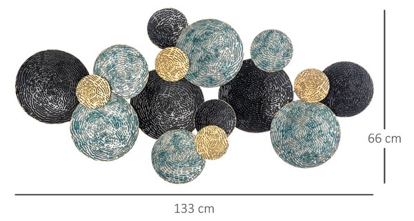 HOMCOM Decorazione Murale in Metallo 3D, Wall Art a Cerchi 133x66cm, Blu, Nero e Oro|Aosom