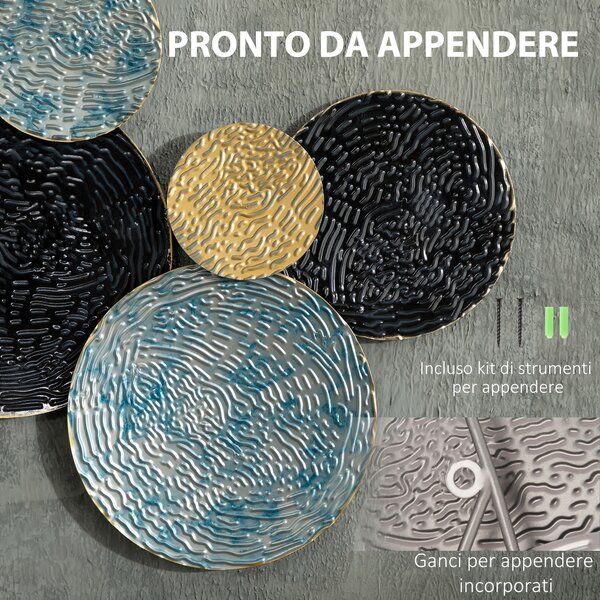 HOMCOM Decorazione Murale in Metallo 3D, Wall Art a Cerchi 133x66cm, Blu, Nero e Oro|Aosom