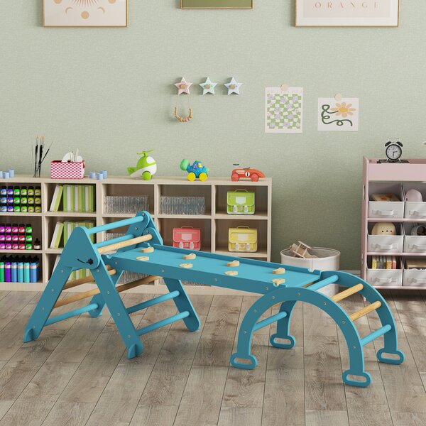 AIYAPLAY 7 in 1 Triangolo da Arrampicata Montessori in Legno Pieghevole con Arco e Rampa per Bambini 18-48 Meses 188x70 cm Azul | Aosom Italy