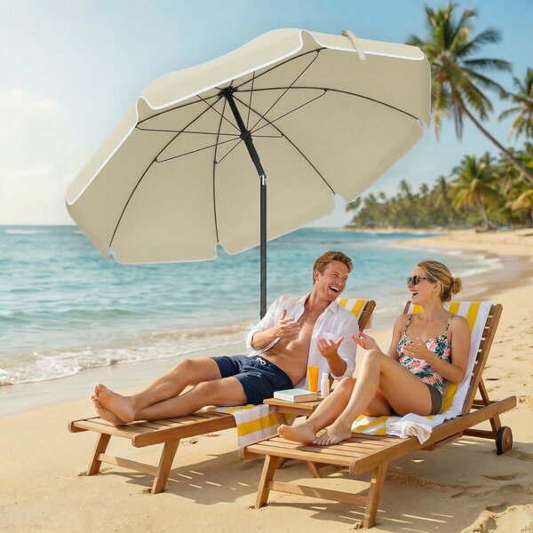 Outsunny Ombrellone da spiaggia Ø150 cm idrorepellente pieghevole con ancoraggio per sabbia inclinazione regolabile borsa da trasporto Beige | Aosom Italy