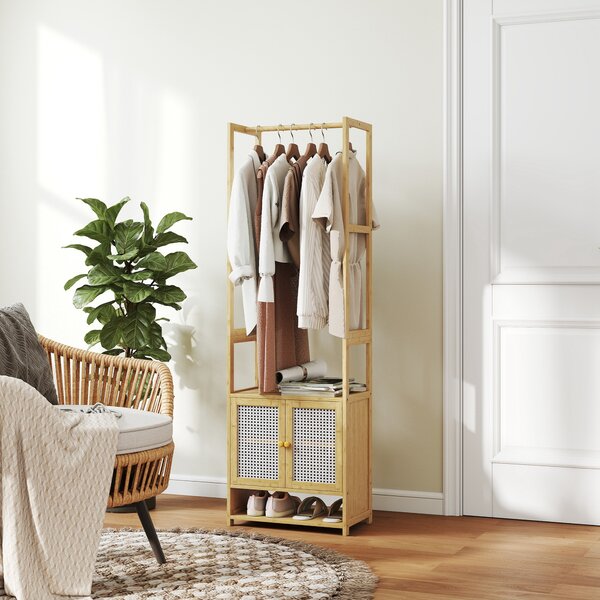 HOMCOM Appendiabiti in Bambù con Armadio Scarpiera Barra per Appendere Ripiano Regolabile per Ingresso Corridoio 53x31x168 cm Naturale | Aosom Italy
