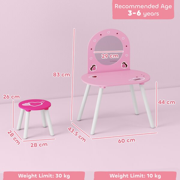AIYAPLAY Toeletta per Bambini con Sgabello e Specchio Toeletta per Bambine con Cuori per Bambini e Bambine 3-6 Anni Rosa | Aosom Italy