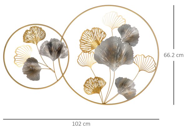HOMCOM Decorazione Murale 3D in Metallo, Wall Art Dorata con Foglie di Ginkgo in due Cornici Rotonde, 138x70 cm, Oro e Argento|Aosom