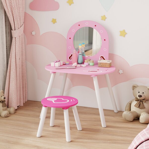 AIYAPLAY Toeletta per Bambini con Sgabello e Specchio Toeletta per Bambine con Cuori per Bambini e Bambine 3-6 Anni Rosa | Aosom Italy