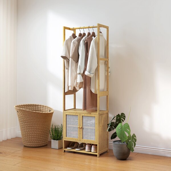 HOMCOM Appendiabiti in Bambù con Armadio Scarpiera Barra per Appendere Ripiano Regolabile per Ingresso Corridoio 53x31x168 cm Naturale | Aosom Italy
