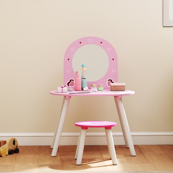 AIYAPLAY Toeletta per Bambini con Sgabello e Specchio Toeletta per Bambine con Cuori per Bambini e Bambine 3-6 Anni Rosa | Aosom Italy