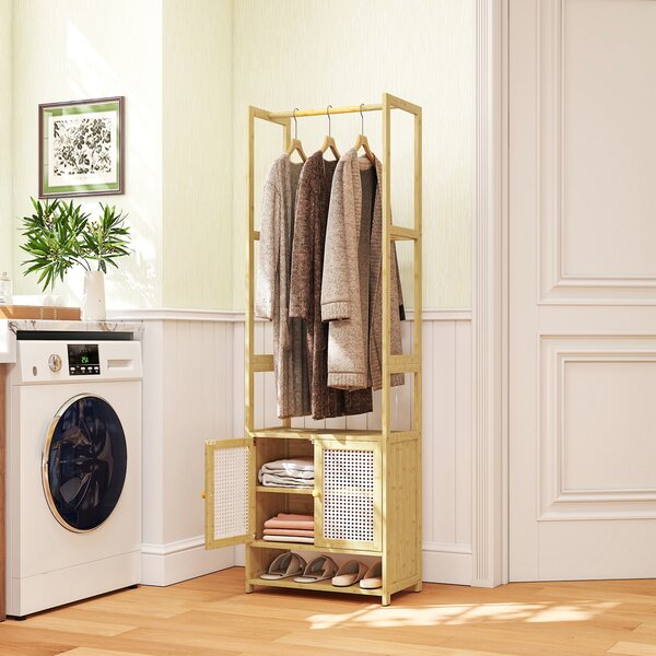 HOMCOM Appendiabiti in Bambù con Armadio Scarpiera Barra per Appendere Ripiano Regolabile per Ingresso Corridoio 53x31x168 cm Naturale | Aosom Italy