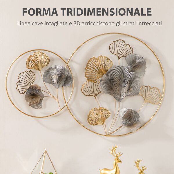 HOMCOM Decorazione Murale 3D in Metallo, Wall Art Dorata con Foglie di Ginkgo in due Cornici Rotonde, 138x70 cm, Oro e Argento|Aosom