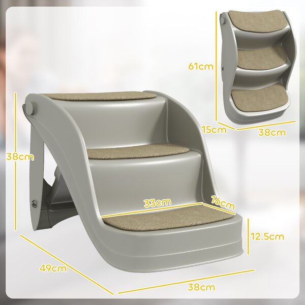 PawHut Scala per Cani Piccoli Pieghevole 3 Gradini Gradini per Cani con Tappetini Antiscivolo 49x38x38 cm Grigio | Aosom Italy