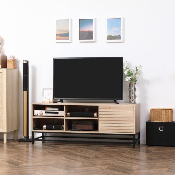 HOMCOM Mobile TV Moderno per TV fino a 60", in MDF e Acciaio, con 4 Ripiani Aperti e Armadietto a 2 Livelli, 140x40x55.3 cm - Legno e Nero|Aosom