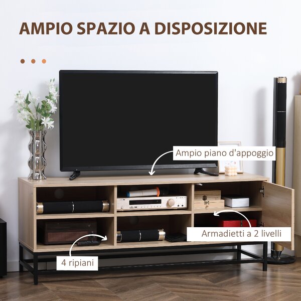 HOMCOM Mobile TV Moderno per TV fino a 60", in MDF e Acciaio, con 4 Ripiani Aperti e Armadietto a 2 Livelli, 140x40x55.3 cm - Legno e Nero|Aosom