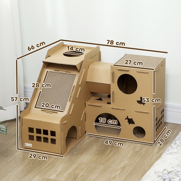 PawHut Casa per Gatti in Cartone Forma Castello 2 Livelli con 3 Zone di Graffiatura Tunnel Rampa Include Erba per Gatti Marrone | Aosom Italy