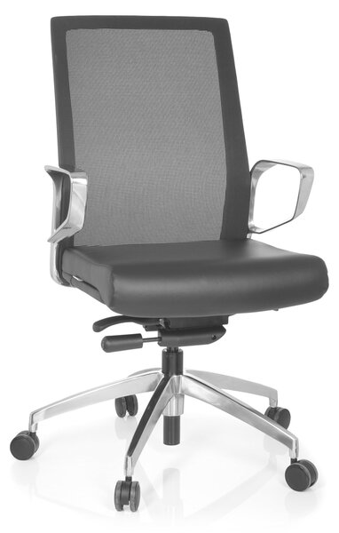 Sedia da ufficio, colore nero, rivestita in ecopelle, braccioli cromati