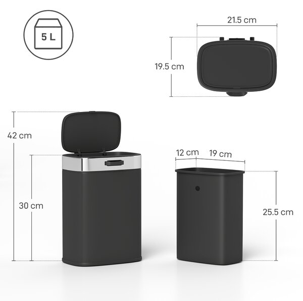 HOMCOM Cestino, Cestino da cucina in acciaio con coperchio che rimane aperto, secchio interno removibile, 21,5x19,5x30 cm, Nero | Aosom Italy