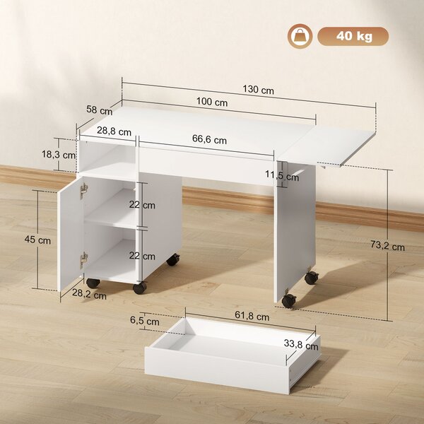 HOMCOM Scrivania per computer su ruote, tavolo informatico con ribalta, cassetto, armadietto e vano, 130 x 58 cm, bianco | Aosom Italy