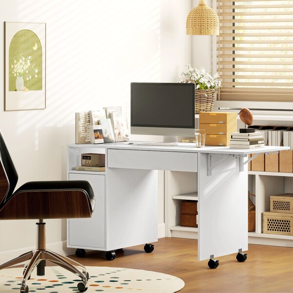 HOMCOM Scrivania per computer su ruote, tavolo informatico con ribalta, cassetto, armadietto e vano, 130 x 58 cm, bianco | Aosom Italy