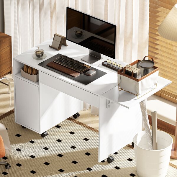 HOMCOM Scrivania per computer su ruote, tavolo informatico con ribalta, cassetto, armadietto e vano, 130 x 58 cm, bianco | Aosom Italy