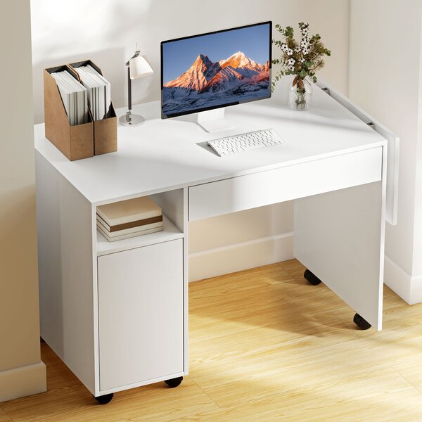 HOMCOM Scrivania per computer su ruote, tavolo informatico con ribalta, cassetto, armadietto e vano, 130 x 58 cm, bianco | Aosom Italy