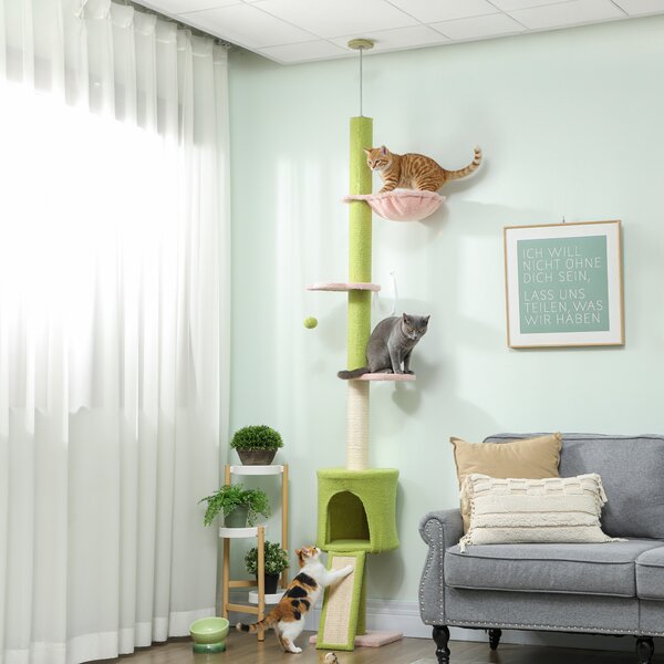 PawHut Tiragraffi da pavimento a soffitto 5 livelli altezza regolabile 220-240 cm piattaforme a fiore con grattatoio cuccia amaca verde | Aosom Italy
