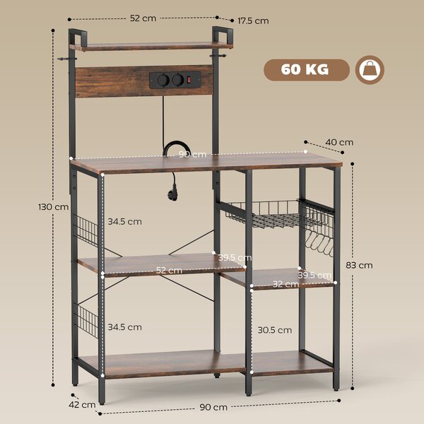 HOMCOM Scaffale da cucina, Scaffale a colonna con 2 prese, 5 ganci a S, 5 ripiani, Cesto, Traverse a X Acciaio 90 x 42 x 130 cm | Aosom Italy