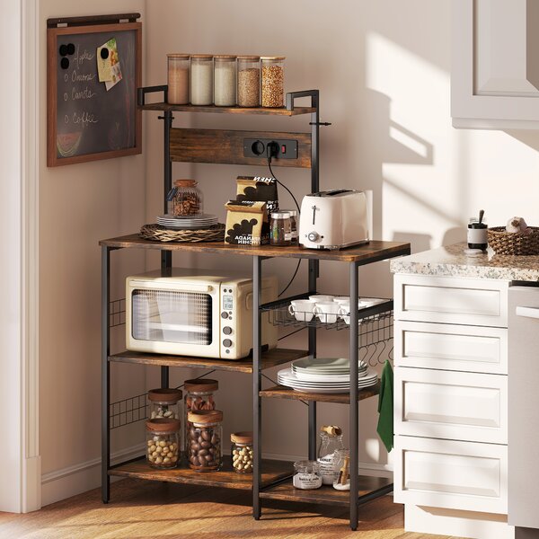 HOMCOM Scaffale da cucina, Scaffale a colonna con 2 prese, 5 ganci a S, 5 ripiani, Cesto, Traverse a X Acciaio 90 x 42 x 130 cm | Aosom Italy