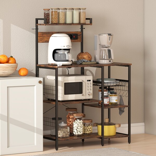 HOMCOM Scaffale da cucina, Scaffale a colonna con 2 prese, 5 ganci a S, 5 ripiani, Cesto, Traverse a X Acciaio 90 x 42 x 130 cm | Aosom Italy