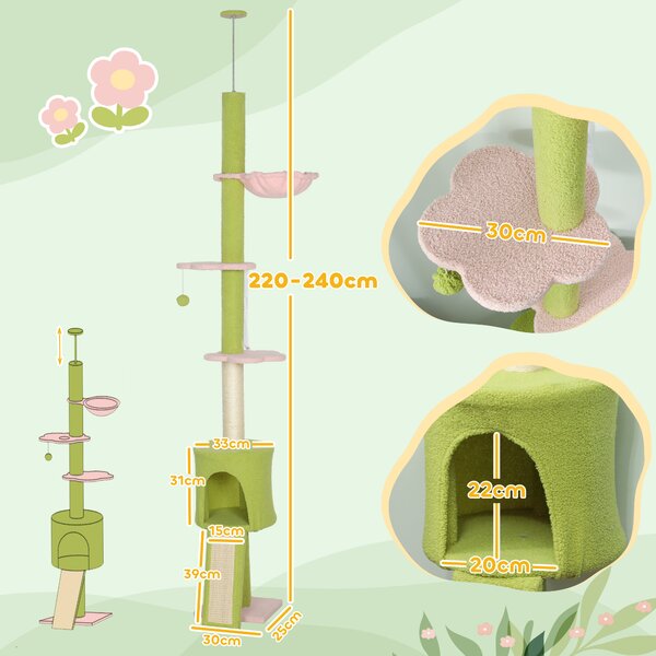 PawHut Tiragraffi da pavimento a soffitto 5 livelli altezza regolabile 220-240 cm piattaforme a fiore con grattatoio cuccia amaca verde | Aosom Italy