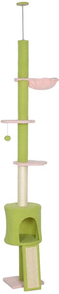 PawHut Tiragraffi da pavimento a soffitto 5 livelli altezza regolabile 220-240 cm piattaforme a fiore con grattatoio cuccia amaca verde | Aosom Italy