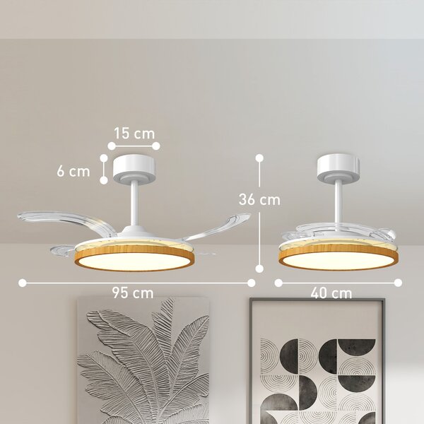 HOMCOM Ventilatore da soffitto con luce e telecomando, 95 cm ventilatore LED moderno con pale retraibili, naturale | Aosom Italy