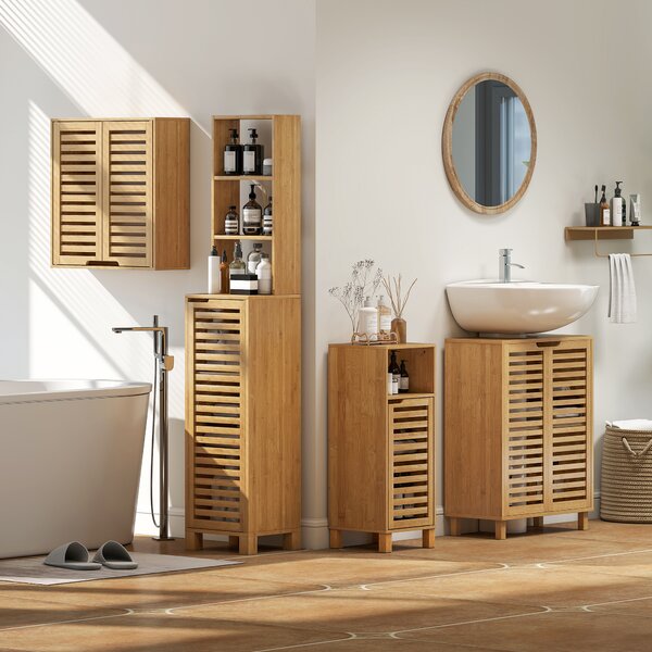 HOMCOM Armadio da Bagno Alto in Bambù Stretto con 3 Ripiani Aperti Porta a Lamelle Ripiani Regolabili 34x30x170 cm Naturale | Aosom Italy