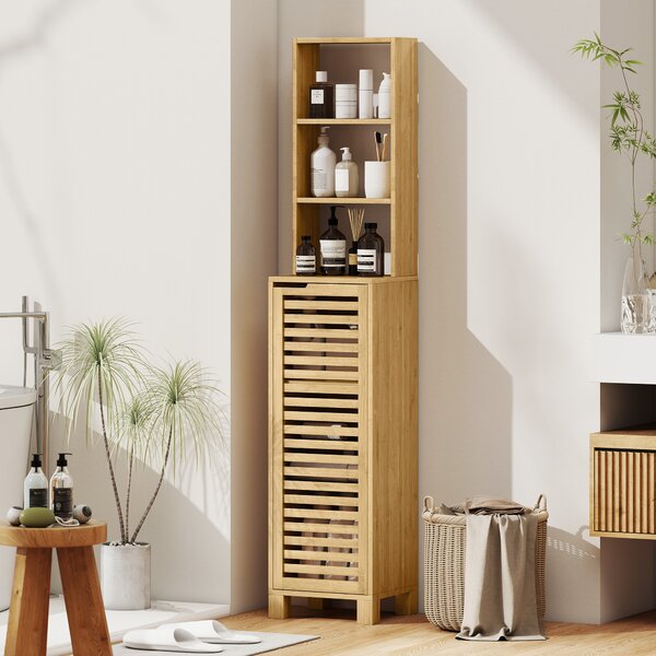 HOMCOM Armadio da Bagno Alto in Bambù Stretto con 3 Ripiani Aperti Porta a Lamelle Ripiani Regolabili 34x30x170 cm Naturale | Aosom Italy