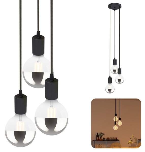 SSC-LUXon PARU lampada a sospensione a 3 luci in stile retrò-industriale con cavo tessile incl. specchio di testa XL lampade a globo