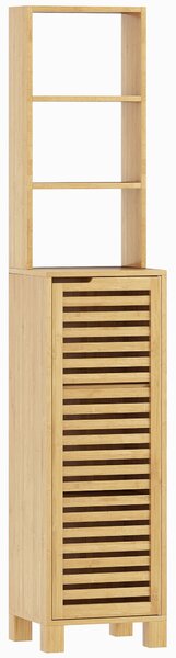 HOMCOM Armadio da Bagno Alto in Bambù Stretto con 3 Ripiani Aperti Porta a Lamelle Ripiani Regolabili 34x30x170 cm Naturale | Aosom Italy