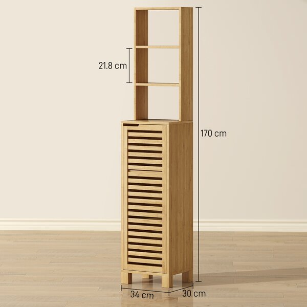 HOMCOM Armadio da Bagno Alto in Bambù Stretto con 3 Ripiani Aperti Porta a Lamelle Ripiani Regolabili 34x30x170 cm Naturale | Aosom Italy