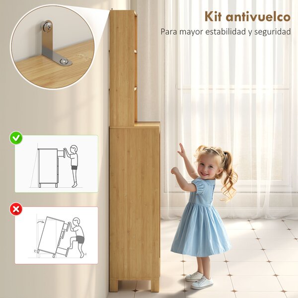 HOMCOM Armadio da Bagno Alto in Bambù Stretto con 3 Ripiani Aperti Porta a Lamelle Ripiani Regolabili 34x30x170 cm Naturale | Aosom Italy