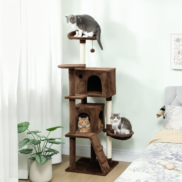 PawHut Tiragraffi per Gatti 160 cm con Piattaforme Cuccia 2 Tane Amaca Scala Pali in Sisal Marrone | Aosom Italy