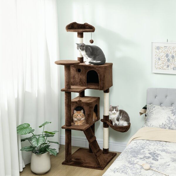 PawHut Albero Tiragraffi per Gatti 180 cm con Piattaforme Letto 2 Tane Amaca Scala Pali in Sisal Marrone | Aosom Italy