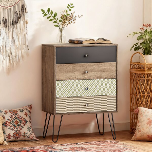 HOMCOM Cassettiera con 4 Cassetti Gambe a Forcella in Acciaio Stile Boho 60x39x86 cm Multicolore | Aosom Italy