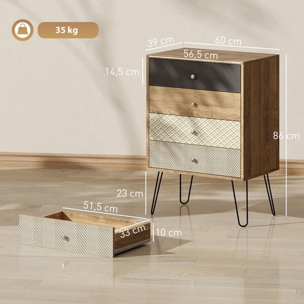 HOMCOM Cassettiera con 4 Cassetti Gambe a Forcella in Acciaio Stile Boho 60x39x86 cm Multicolore | Aosom Italy