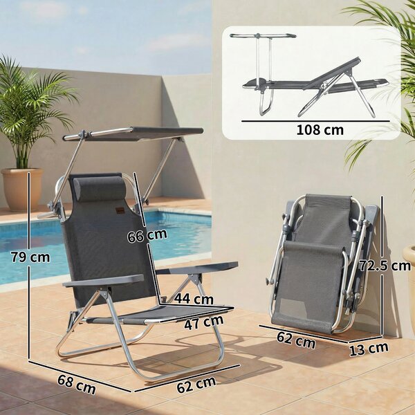 Outsunny Sdraio pieghevole Lettino da giardino con cuscino tettuccio regolabile Schienale regolabile 6 posizioni 62 x 68 x 79 cm Grigio scuro | Aosom Italy