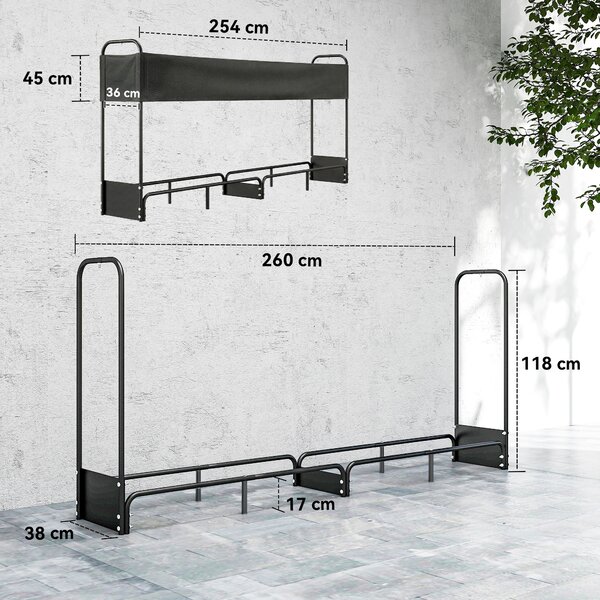 Outsunny Portalegna da esterno, riparo per legna con copertura impermeabile Oxford 600D carico 500 kg 260 x 38 x 118 cm nero | Aosom Italy